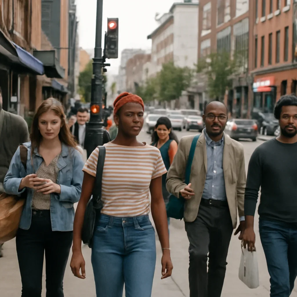 City street scene showing diverse residents going about daily life