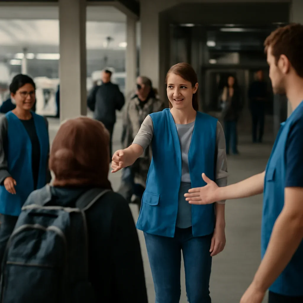 Volunteers welcoming arrivals at a transport hub, documentary style, respectful and neutral