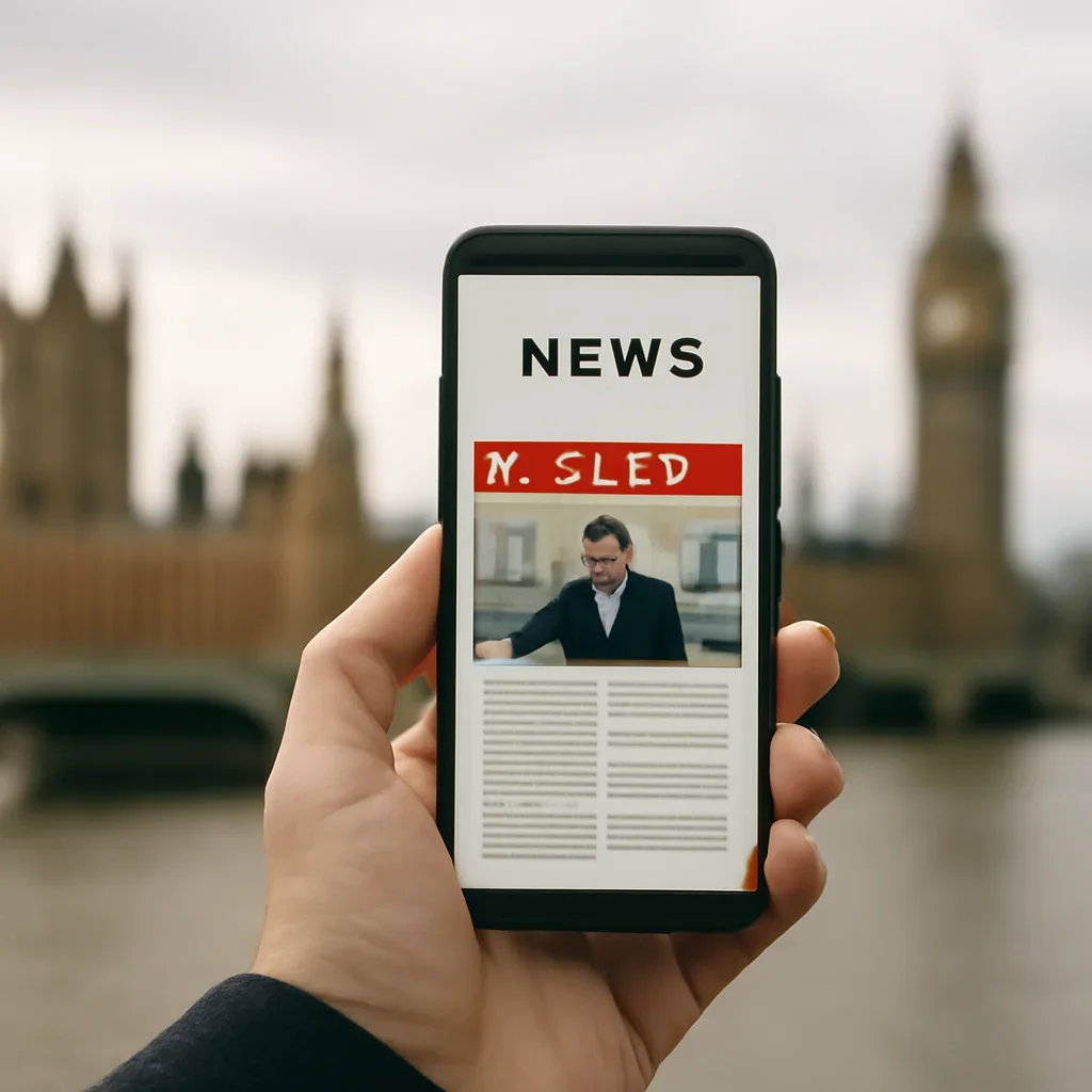 Reader checking a politics newsletter on a phone with a London skyline softly blurred behind