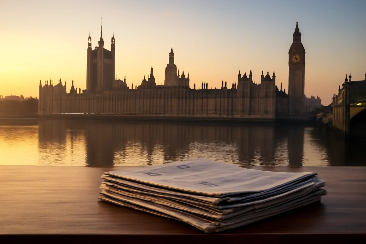 The Palace of Westminster at first light with newspapers on a desk in the foreground