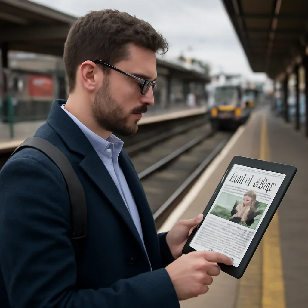 Commuter reading a liberal politics article on a tablet at a train station