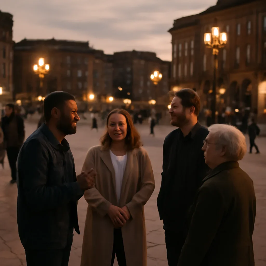City square with people talking under evening light, image symbolising open civic life