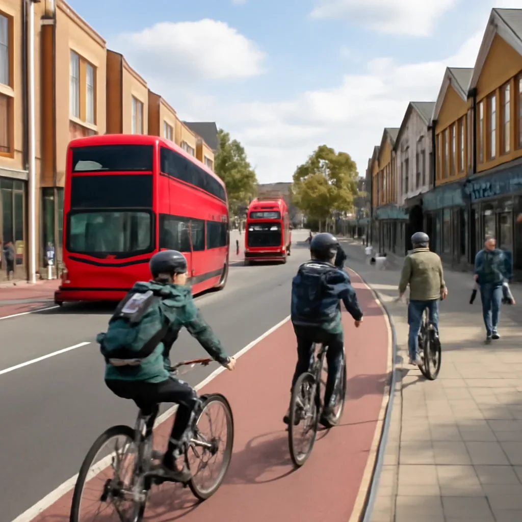 Cyclists and buses moving through a regenerated town centre