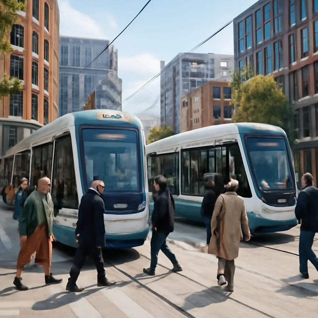 Passengers boarding trams in a regenerated city centre