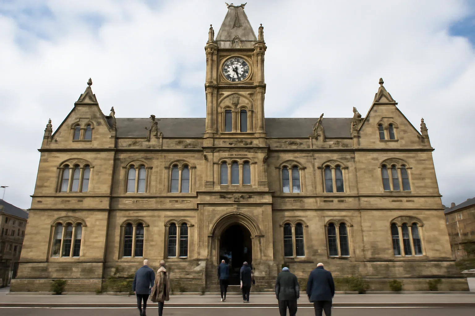 Historic UK town hall building with people entering for a council meeting