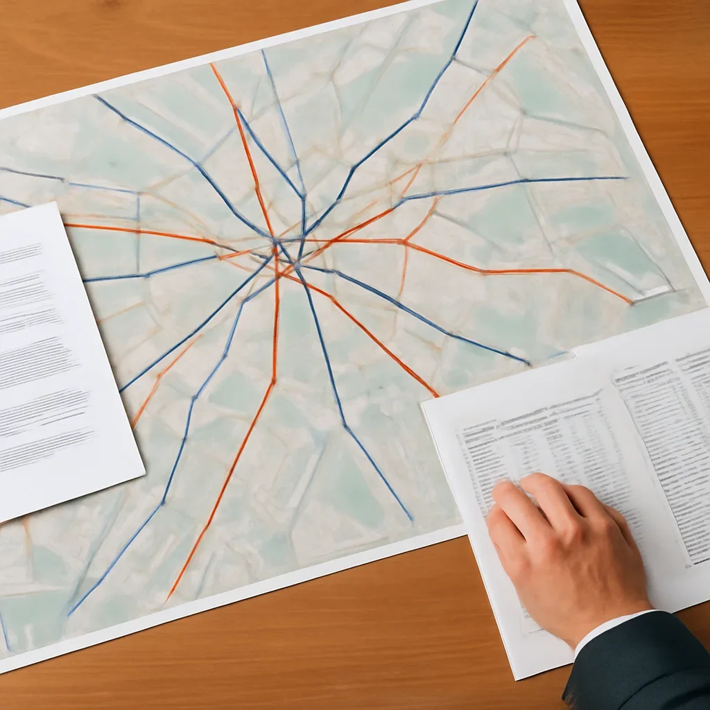 Map of a city region, transport lines and budget papers spread across a meeting table, image