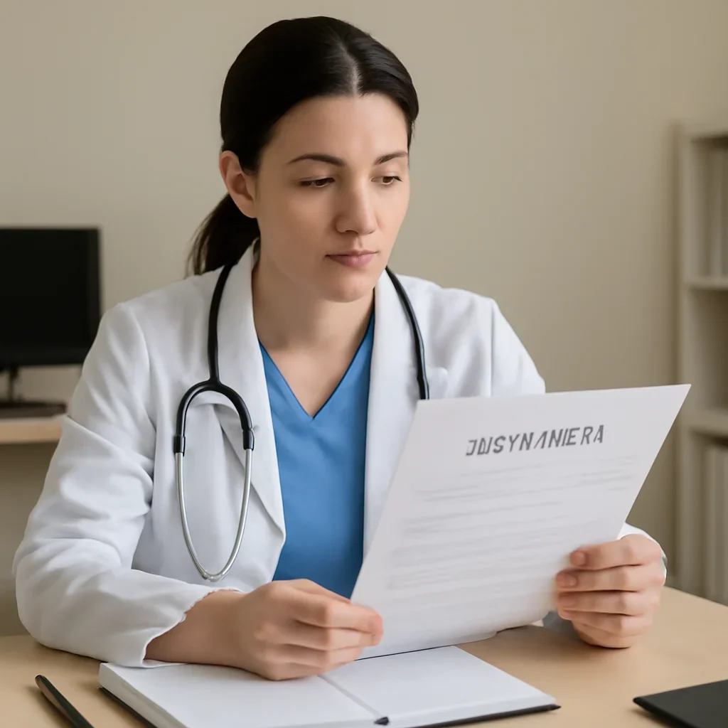 Clinician reviewing referral information at a desk
