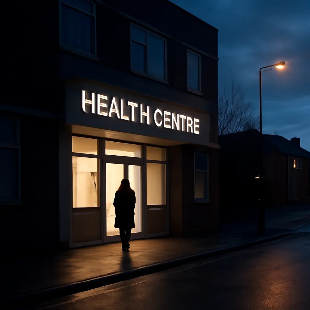 Evening street scene outside a health centre, symbolising access to crisis support
