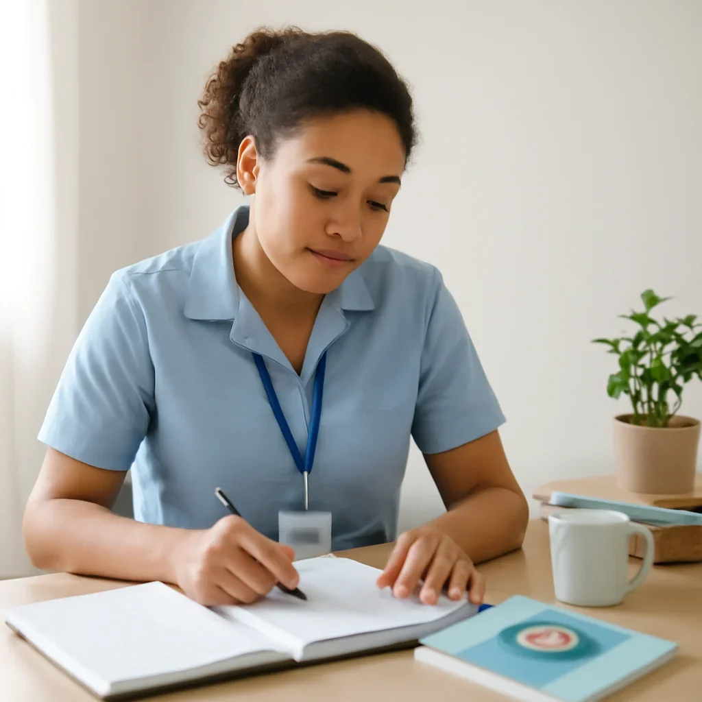 Support worker reviewing case notes at a desk with wellbeing resources nearby