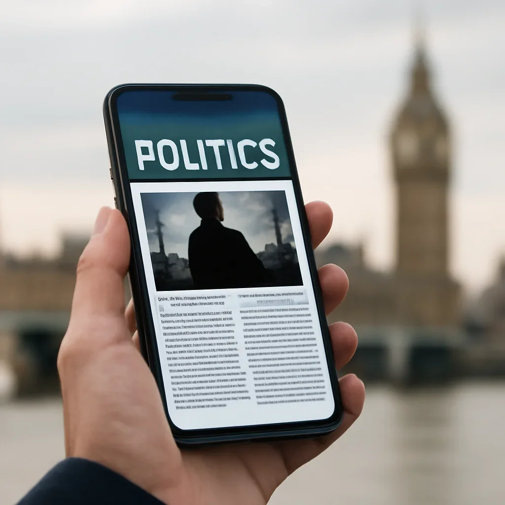 Reader checking a politics newsletter on a phone with a London skyline softly blurred behind
