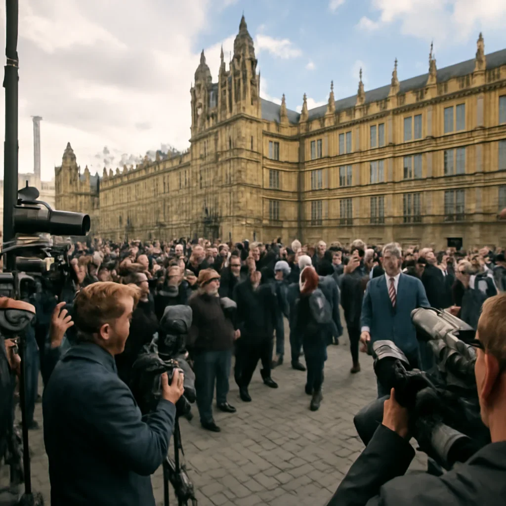 Crowd outside Westminster with camera crews and MPs arriving, energetic but neutral documentary photograph