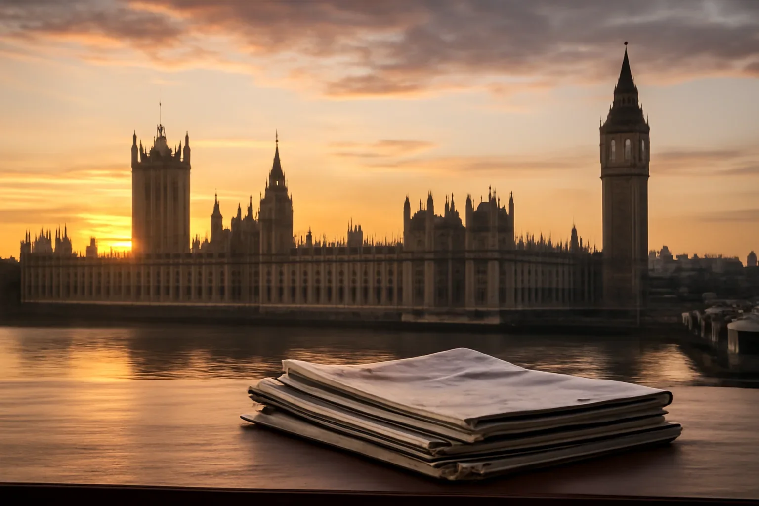 The Palace of Westminster at first light with newspapers on a desk in the foreground