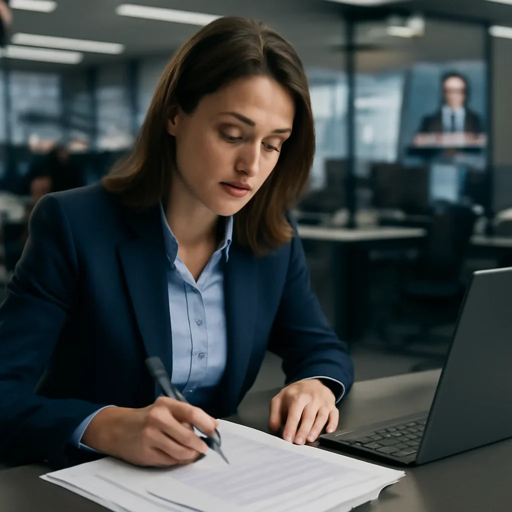 Political reporter reviewing annotated briefing papers beside a laptop in a modern newsroom