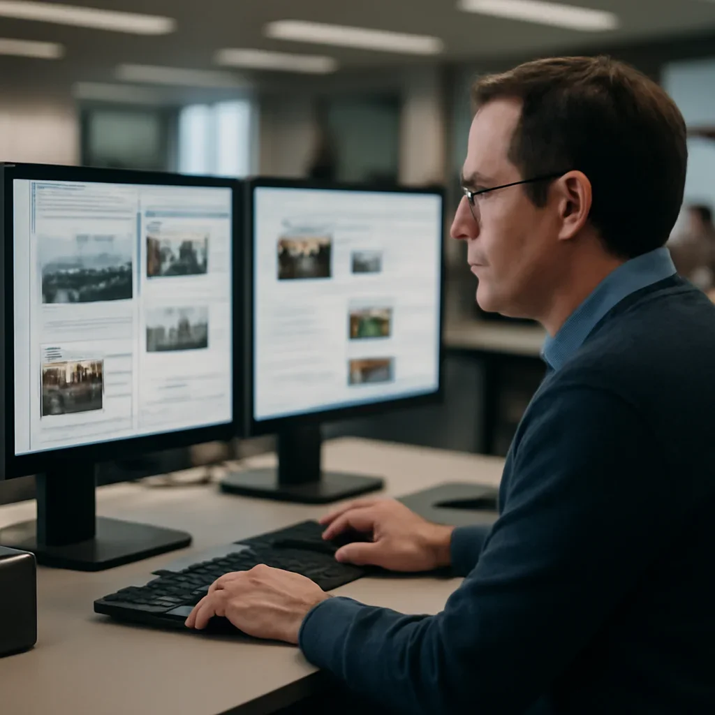 Editor curating article links on dual monitors in a newsroom