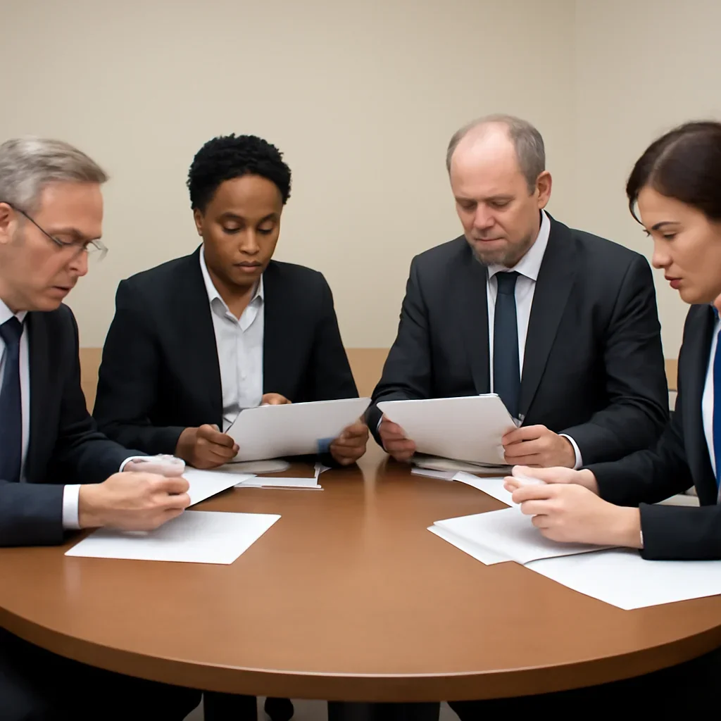 Diplomats reviewing briefing papers at a round table, neutral image