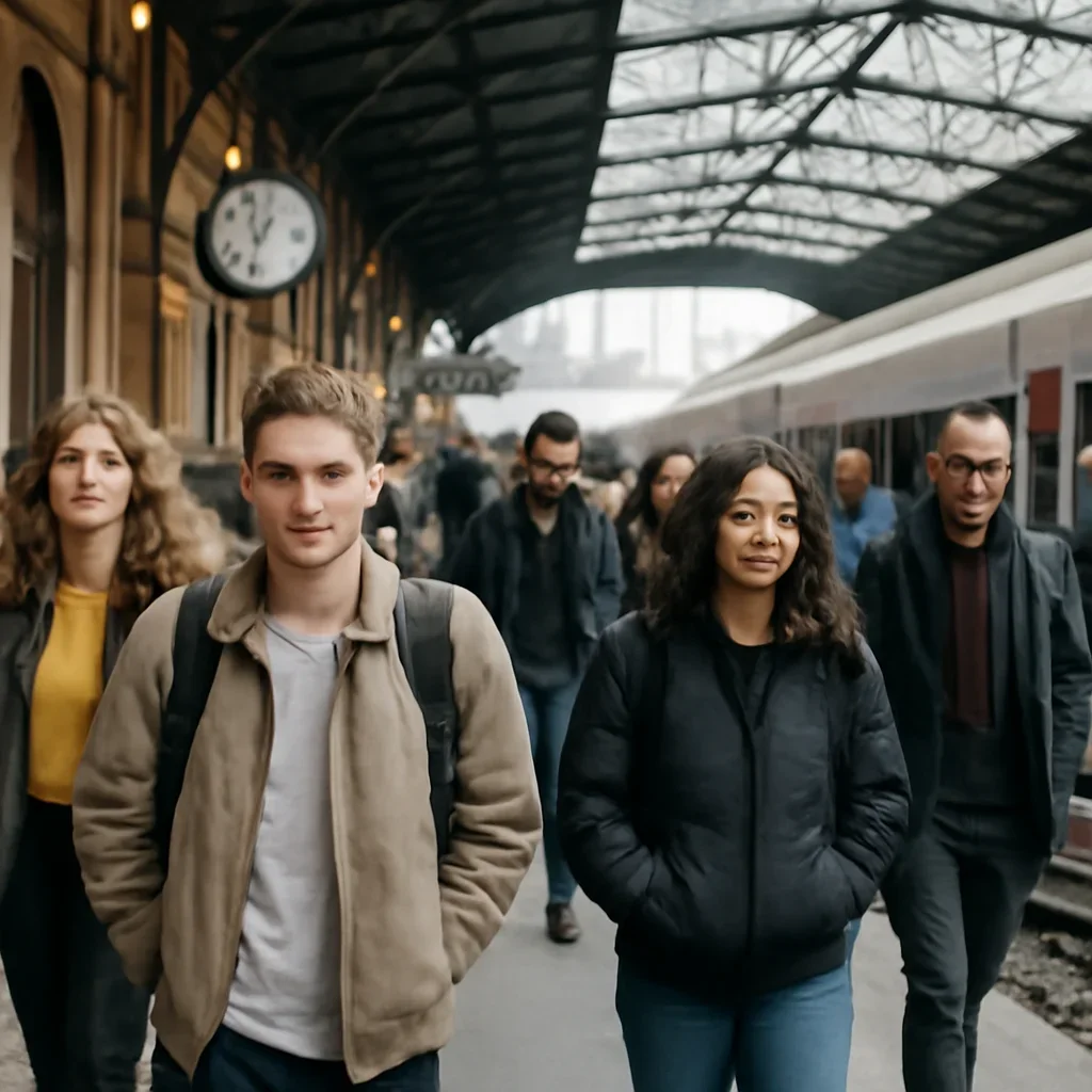 Students and commuters moving through a European rail station