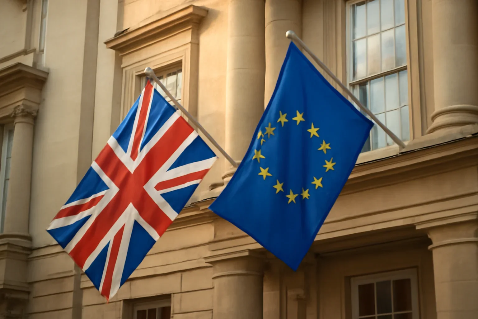 UK and EU flags outside a civic building in soft daylight