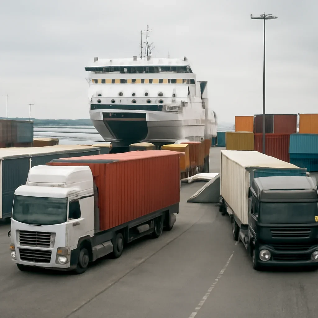 Freight lorries and containers at a ferry port, documentary style