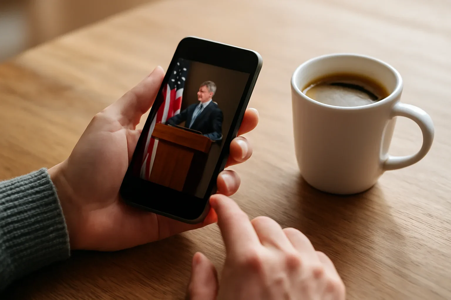 Reader opening a politics newsletter on a phone beside morning coffee