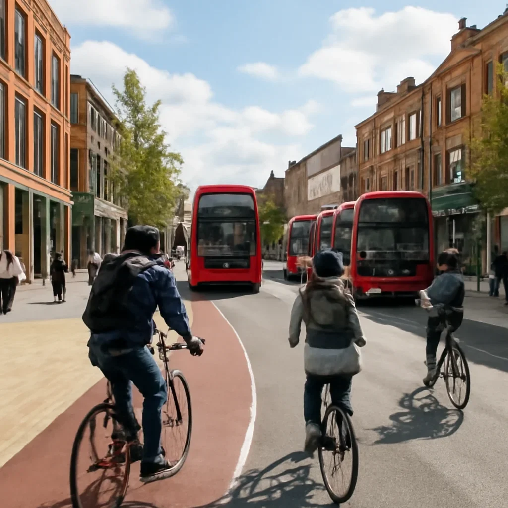 Cyclists and buses moving through a regenerated town centre