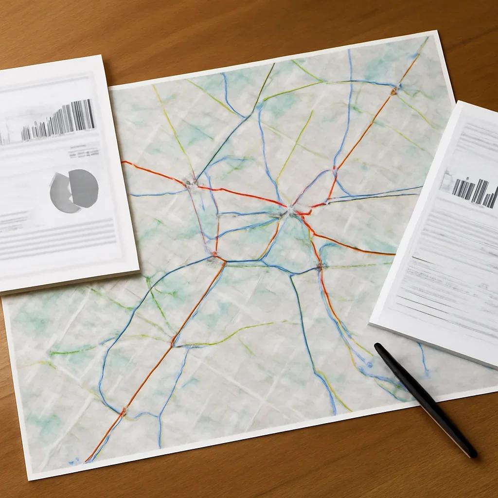 Map of a city region, transport lines and budget papers spread across a meeting table, image
