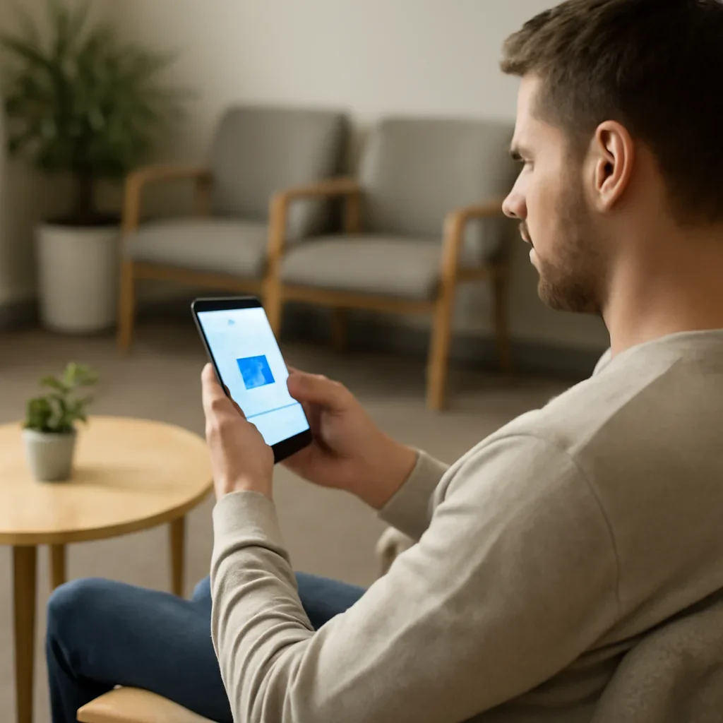 Person checking an appointment message on a phone while seated in a calm waiting area
