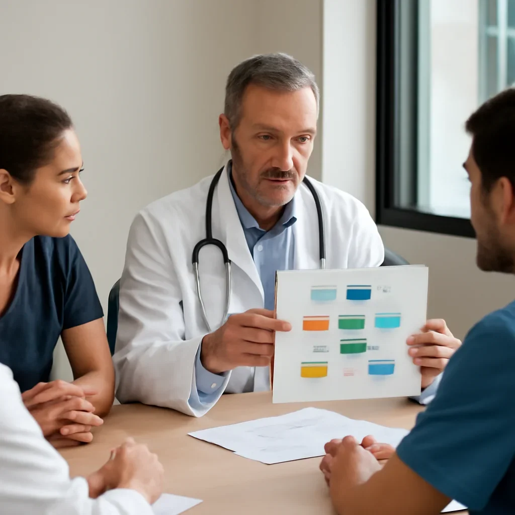 Clinician reviewing a patient pathway chart with colleagues in a meeting room, photography