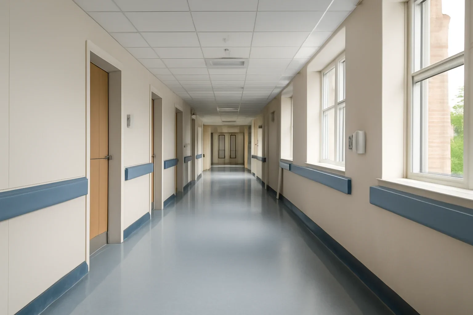 Quiet NHS hospital corridor with clear wayfinding and natural light