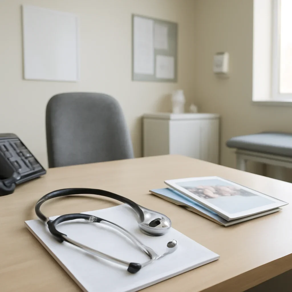 GP consultation room with notes, stethoscope and patient information leaflets on desk