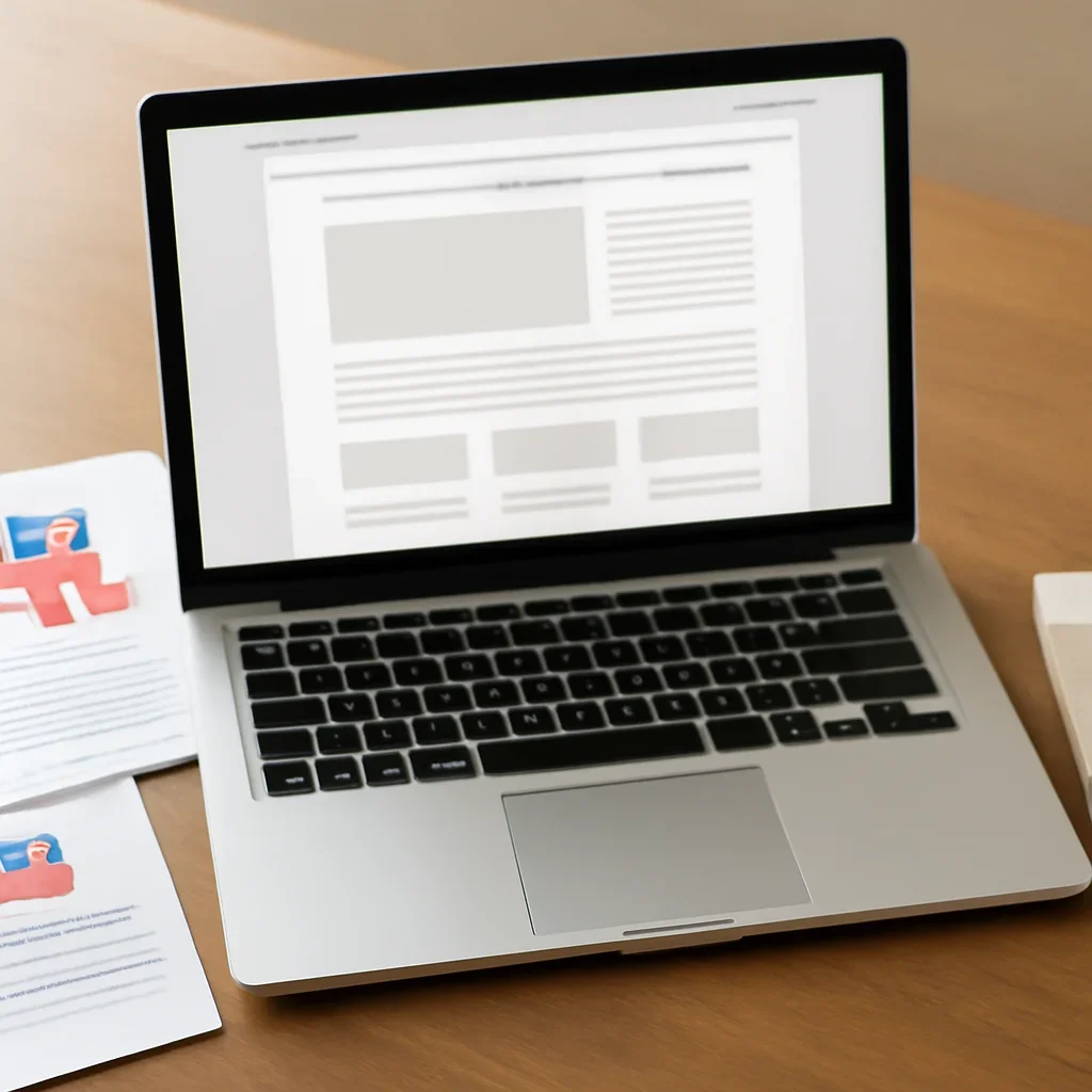 Laptop inbox showing a clean newsletter layout with political notes nearby