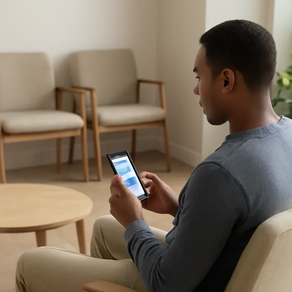Person checking an appointment message on a phone while seated in a calm waiting area