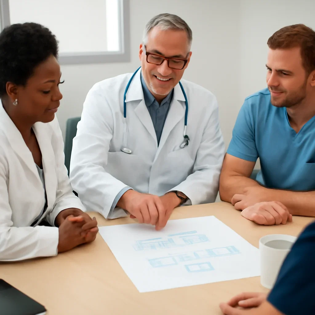 Clinician reviewing a patient pathway chart with colleagues in a meeting room, photography