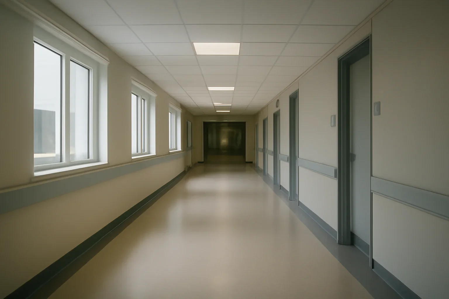 Quiet NHS hospital corridor with clear wayfinding and natural light