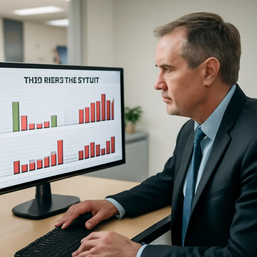 Hospital administrator reviewing treatment backlog charts on a monitor