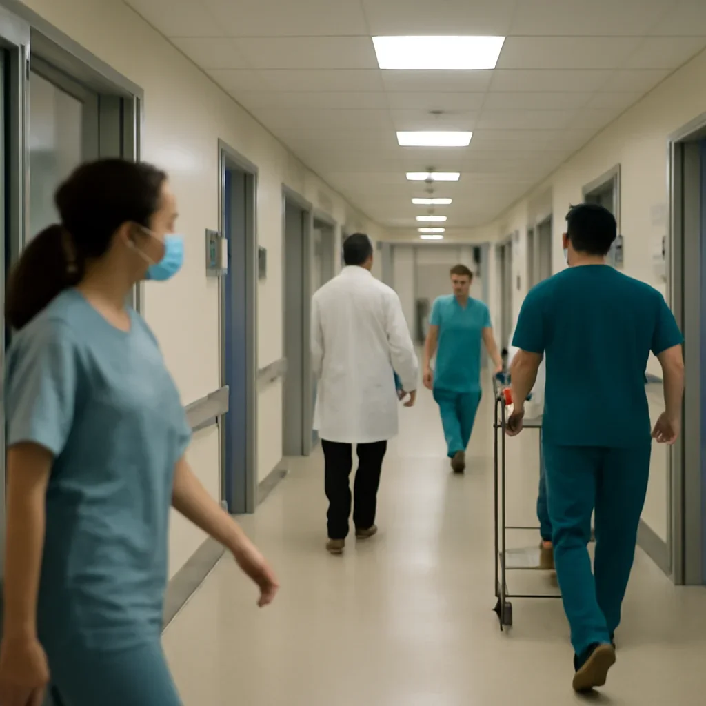 Diagnostic suite corridor with staff moving between rooms, documentary style
