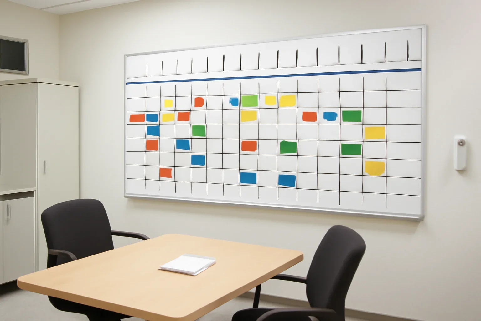 Patient pathway board in a hospital planning room