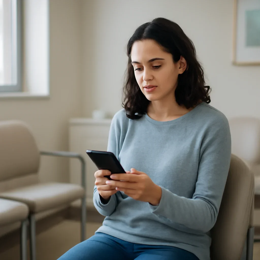Person waiting for an appointment notification on a phone, calm clinic setting