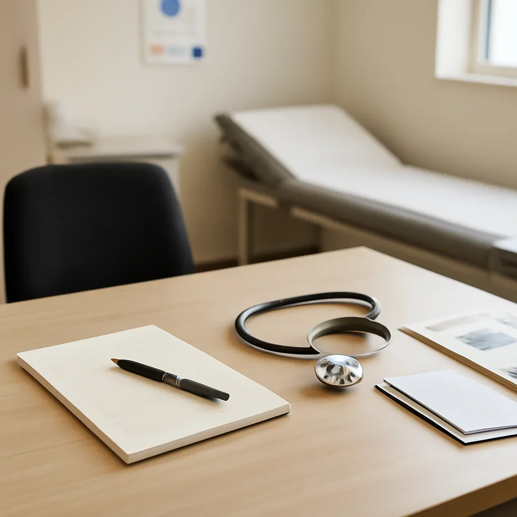 GP consultation room with notes, stethoscope and patient information leaflets on desk