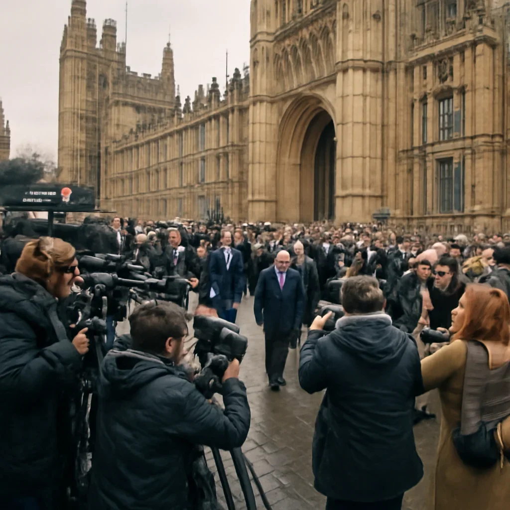 Crowd outside Westminster with camera crews and MPs arriving, energetic but neutral documentary photograph