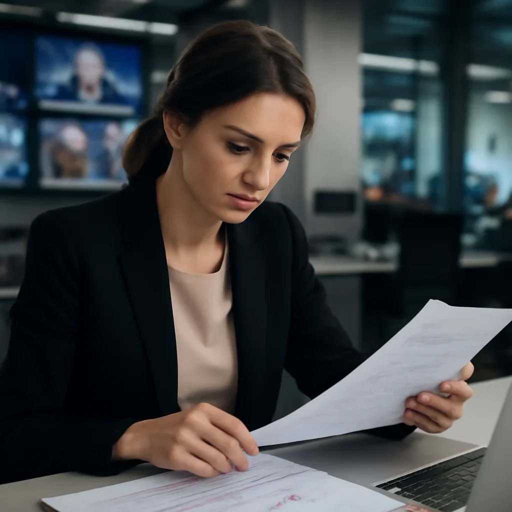 Political reporter reviewing annotated briefing papers beside a laptop in a modern newsroom