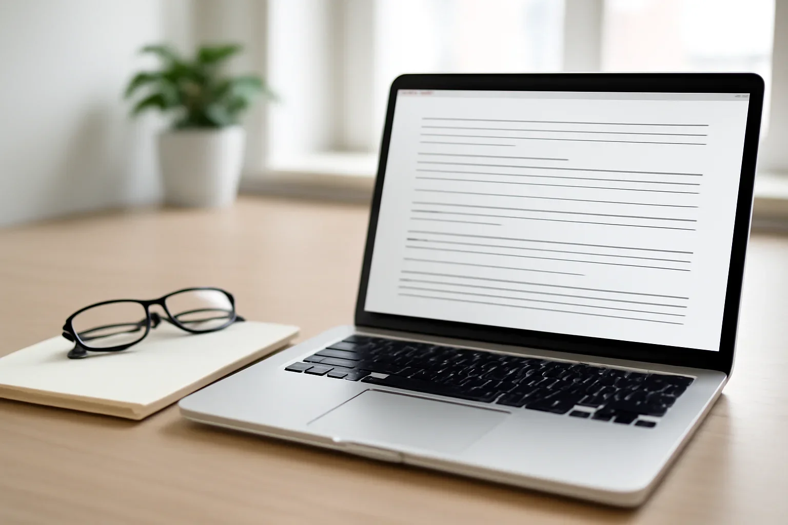 Open laptop displaying website policy text beside a notebook and glasses