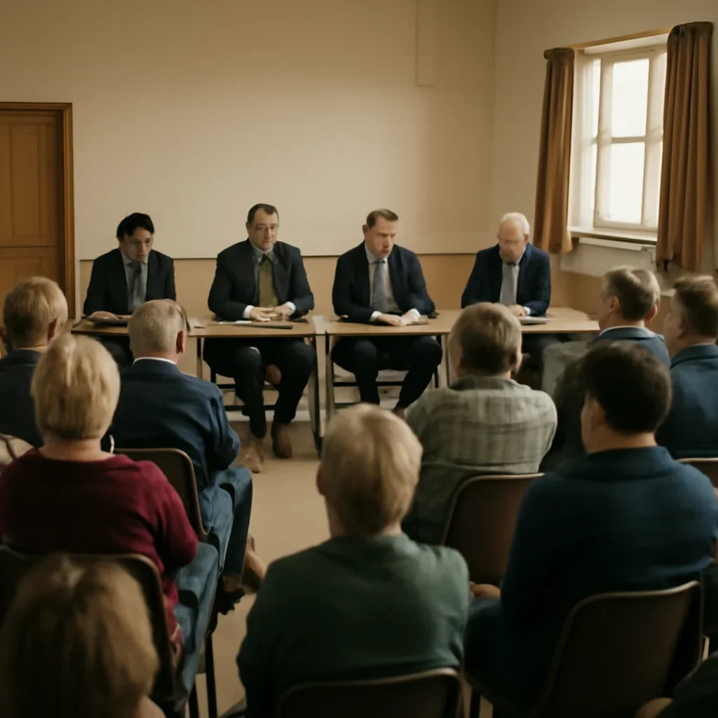 Village hall discussion with residents and councillors, documentary style