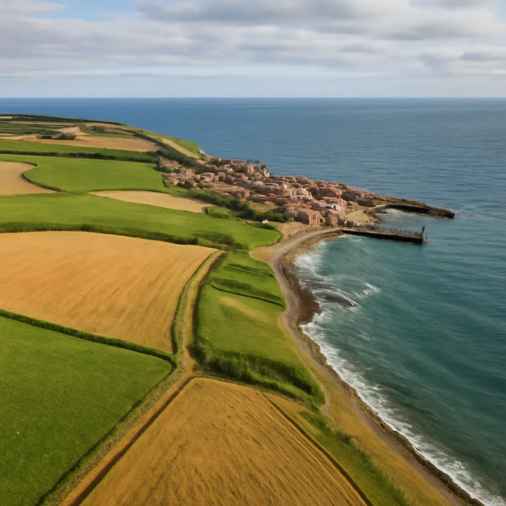 Farmland meeting coastline near a small harbour town