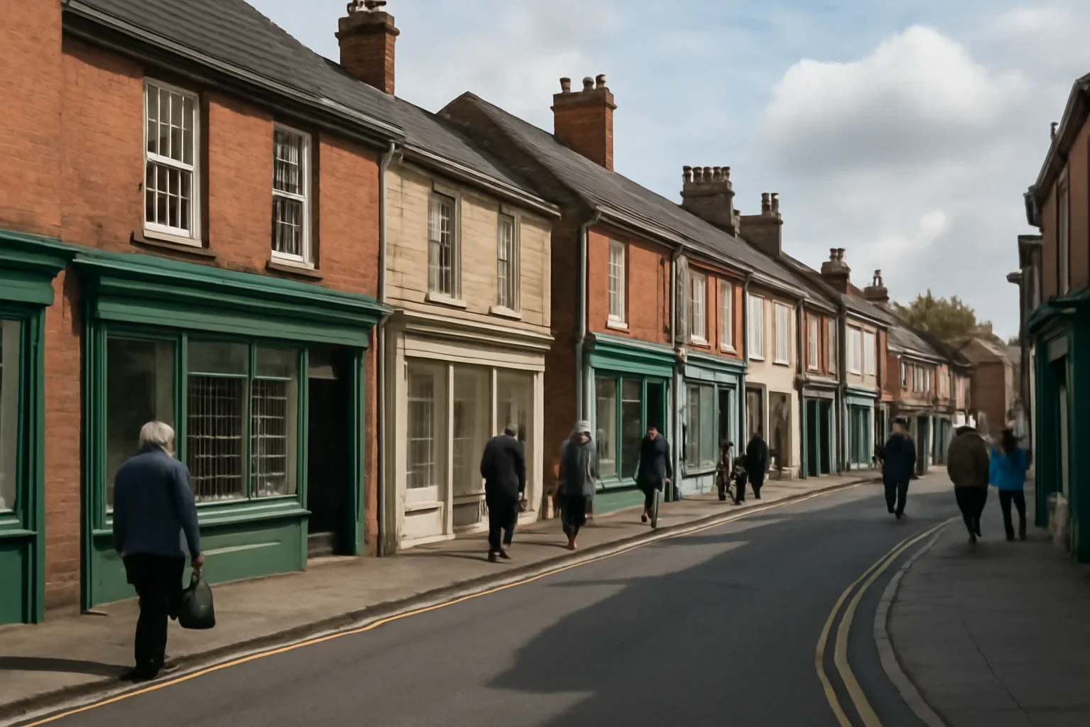 Small British market town high street with local shops and pedestrians