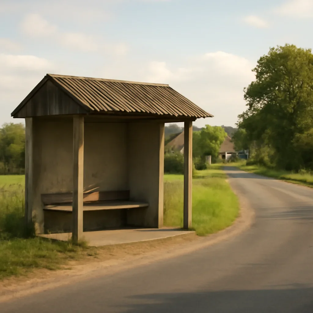 Rural bus stop beside a village road under soft daylight