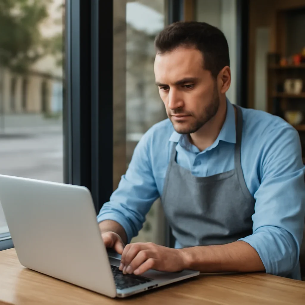 Business owner reviewing costs on a laptop by a shop window
