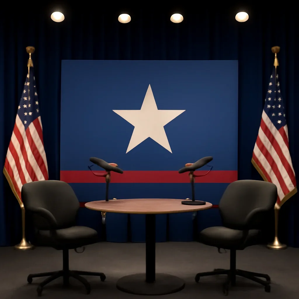 Podcast studio or event stage prepared for a political discussion