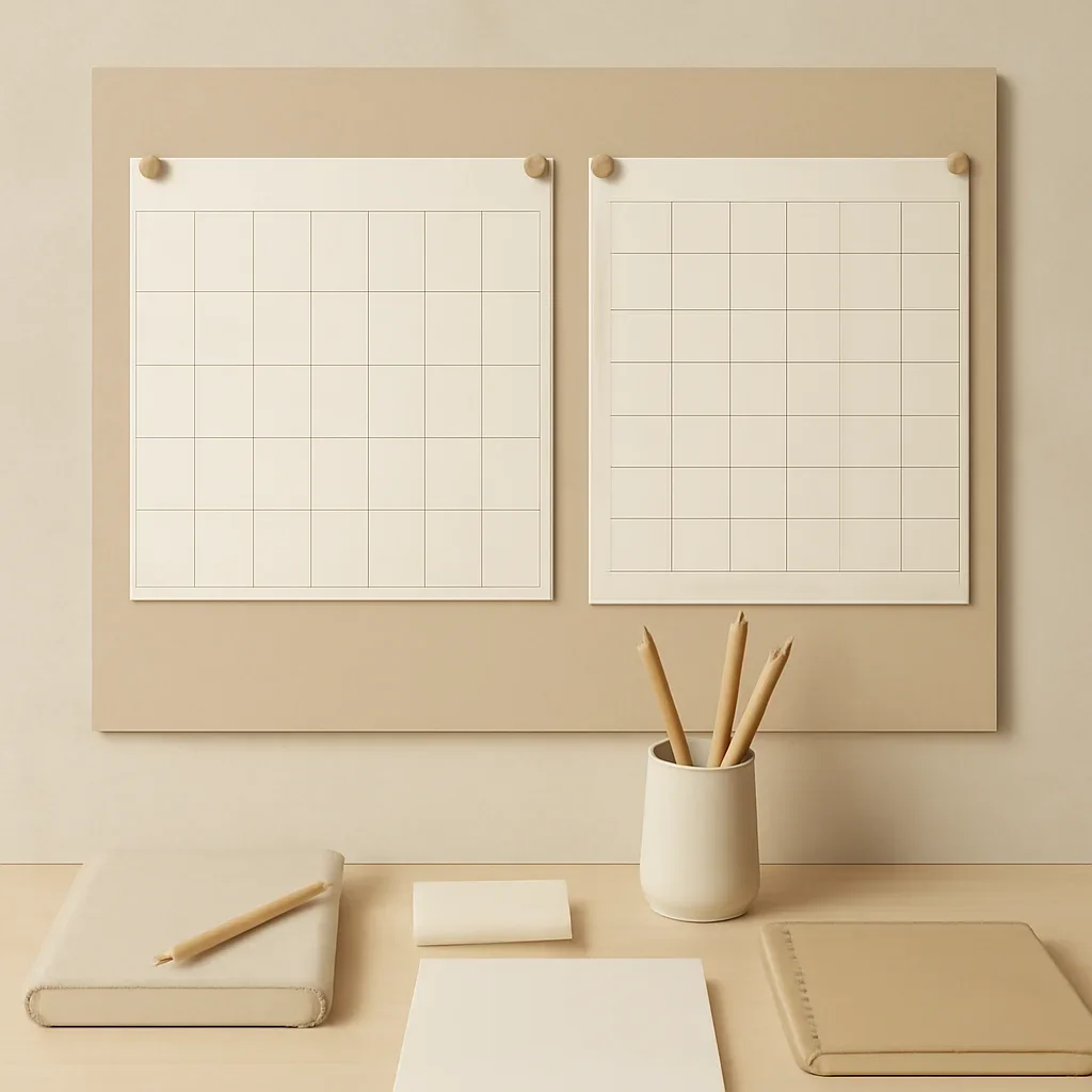 Branded content planning board with calendars and neutral stationery
