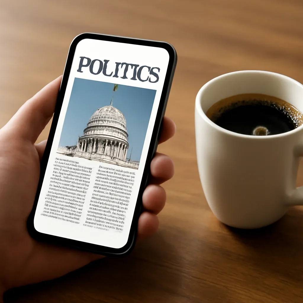 Reader opening a politics newsletter on a phone beside morning coffee prepared for a newsletter sign-up promotion