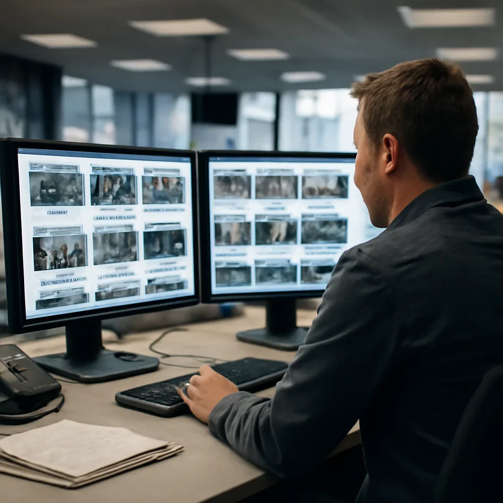 Editor curating article links on dual monitors in a newsroom